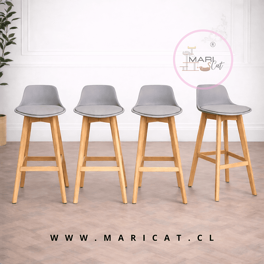 Pack 4 Taburete Tulip de Respaldo Medio con Cojín y Base de Madera Gris -alto y bajo