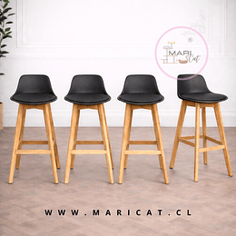 Pack 4 Taburete Tulip de Respaldo Medio con Cojín y Base de Madera Negro- Alto y Bajo