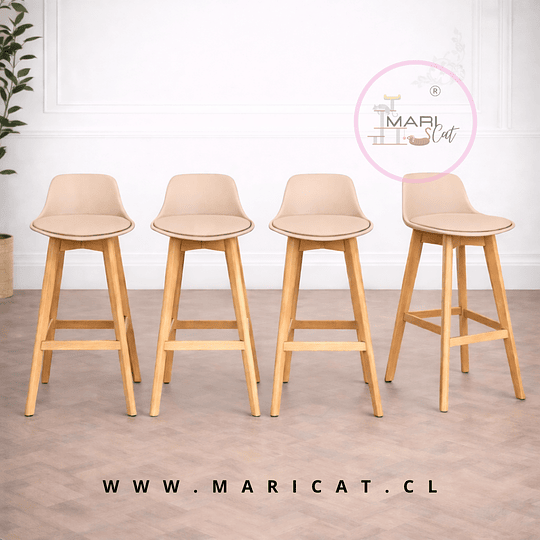 Pack 4 Taburete Tulip de Respaldo Medio con Cojín y Base de Madera Beige - Alto y bajo