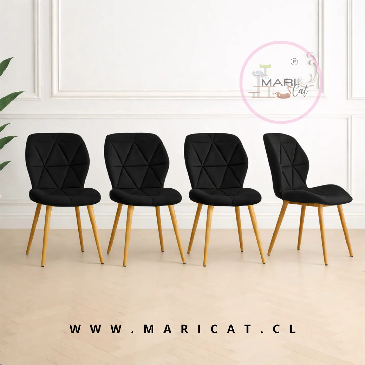 Pack 4 Sillas Fiori Asiento de Felpa Negro con Patas Metálicas wood  1