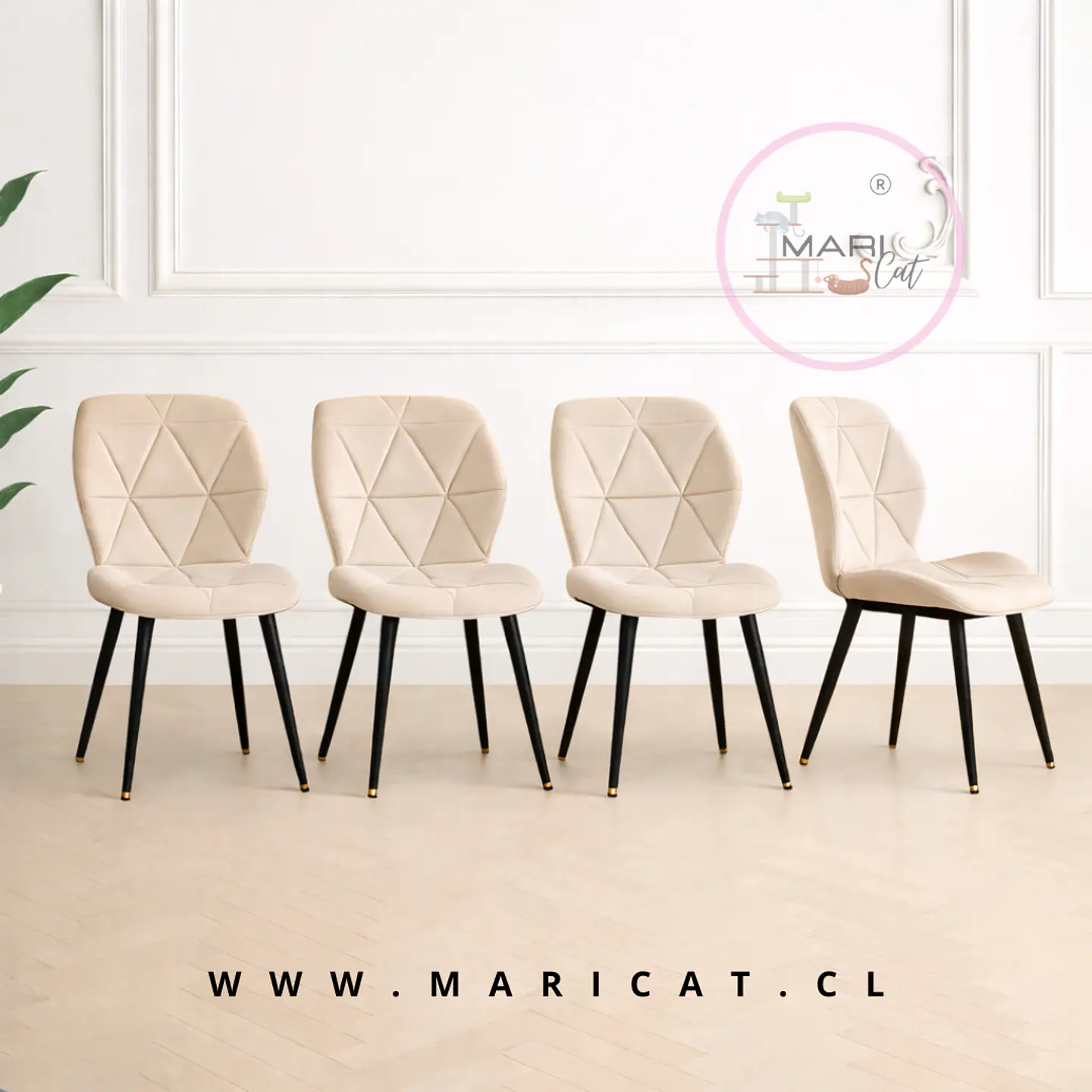 Pack 4 Sillas Fiori TAsiento de Felpa Beige con Patas Metálicas Black 1