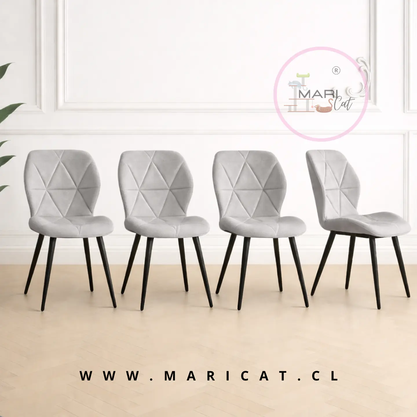 Pack 4 Sillas Fiori Asiento de Felpa Gris con Patas Metálicas Black 1