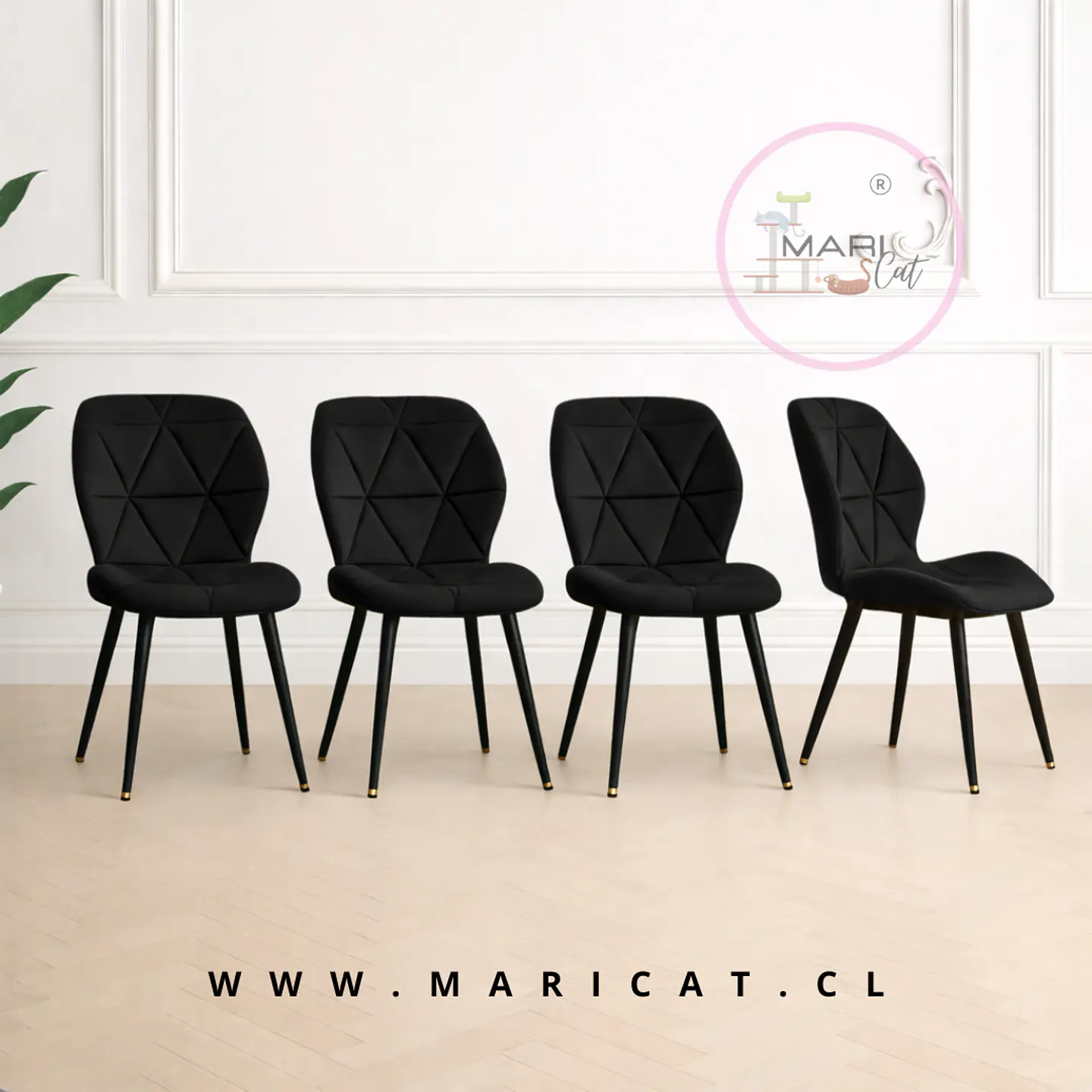 Pack 4 Sillas Fiori Asiento de Felpa Negra con Patas Metálicas Black 1