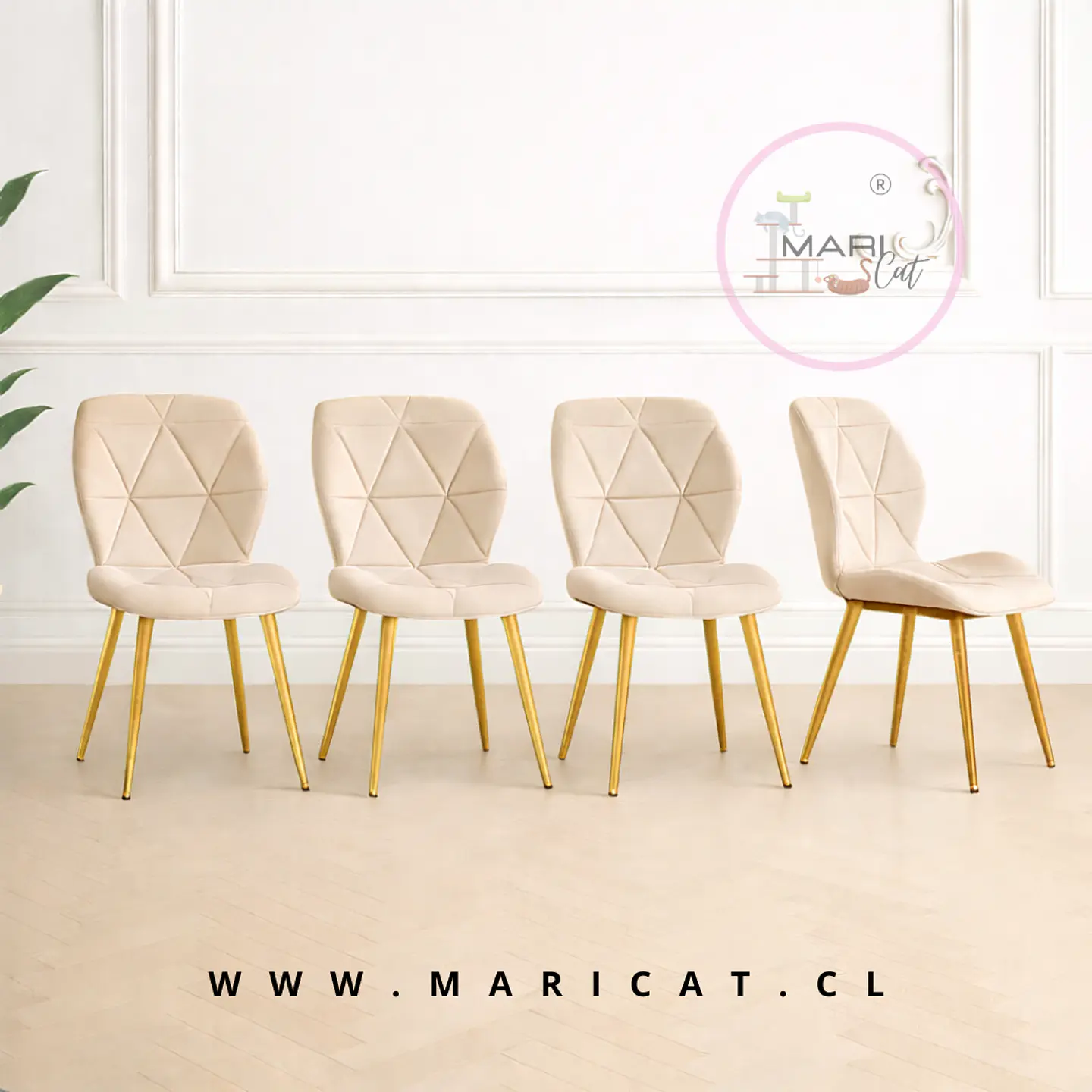 Silla Fiori Asiento de Felpa Beige con Patas Metálicas Doradas Gold 1