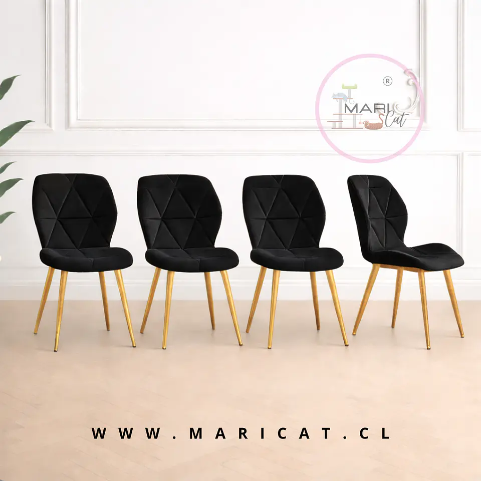 Pack de 4 Sillas Fiori Felpa Negra con Patas Metálicas Doradas Gold  1