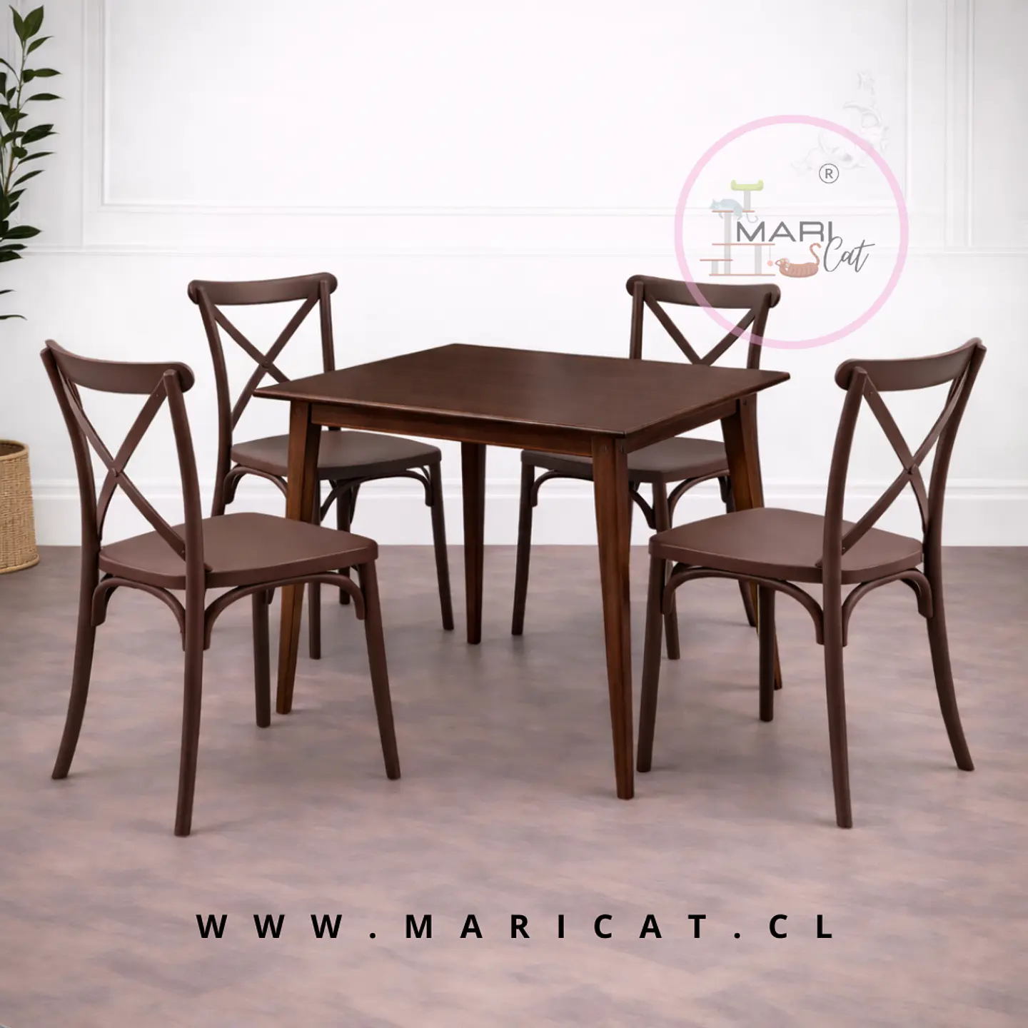 Comedor Cuadrado Mesa Vema de Madera 60cm + 4 Sillas Danubio Crossback  1