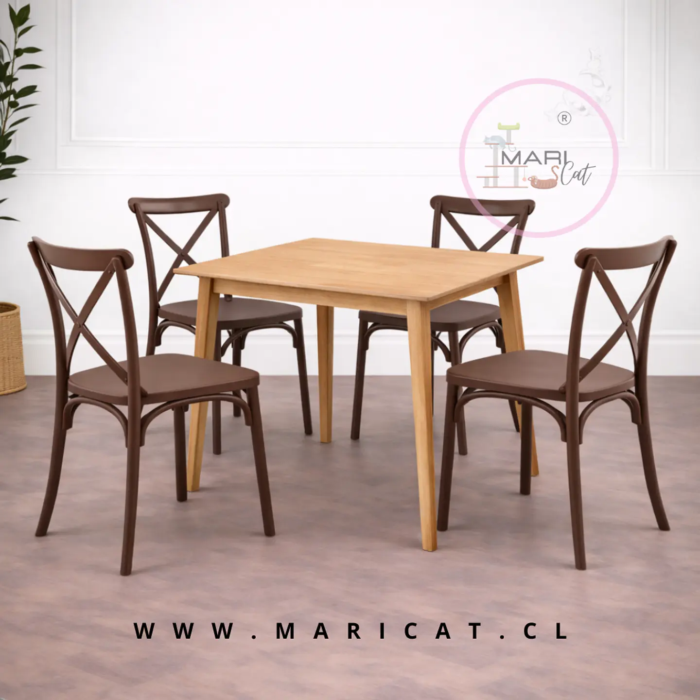 Mesa Vema Madera Natural + Sillas Danubio Crossback de Polipropileno Terraza 1