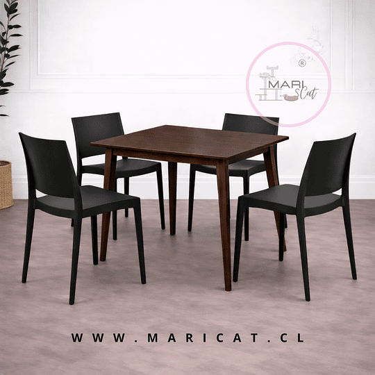 Mesa Vema Madera Walnut + 4 Silla Specto Niza de Polipropileno para Terraza