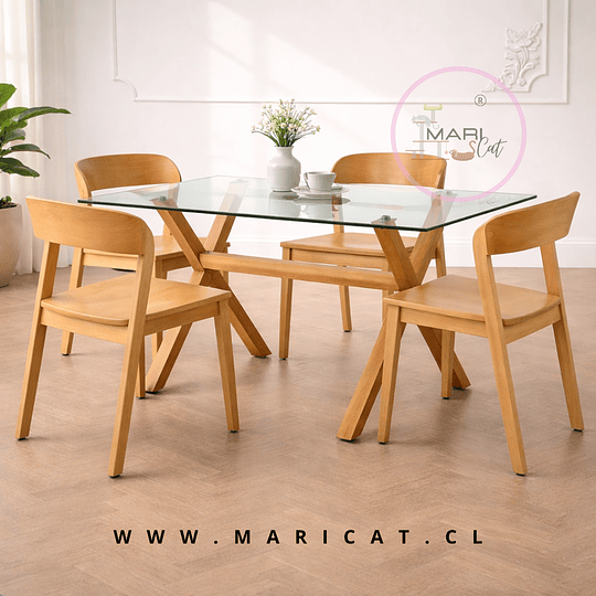 Pack Mesa Rectangular Chile Crossback Madrid + 4 Sillas Rover de Madera Apilables