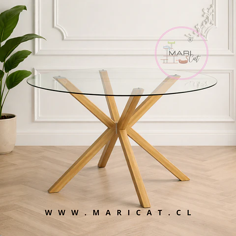 Mesa Madrid Warwick Cross Redonda de 100 cm Vidrio Templado y Patas Metálicas Efecto Madera Natural comedor restaurant
