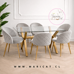 Mesa Rectangular Chile Crossback Madrid + 6 Silla Tokio Velvet Wood Gris