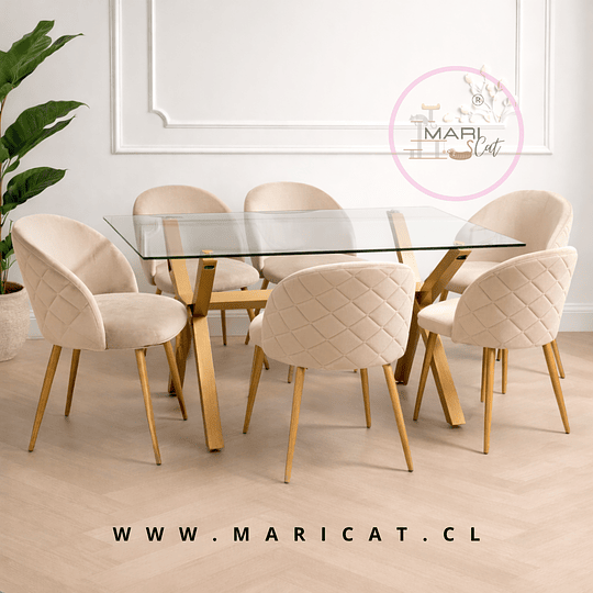 Mesa Rectangular Chile Crossback Madrid + 6 Silla Tokio Velvet Wood Beige