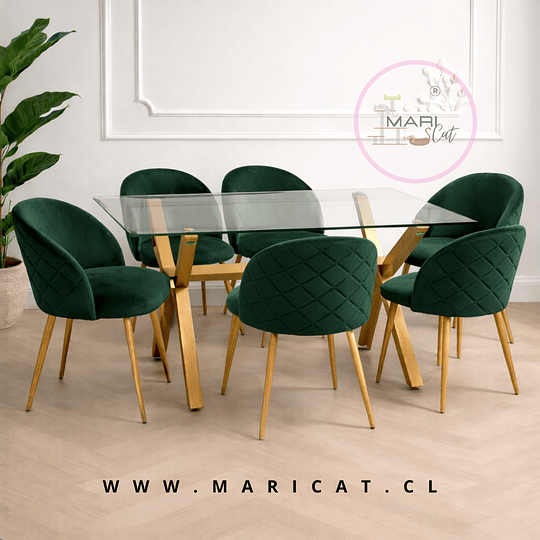 Mesa Rectangular Chile Crossback Madrid + 6 Silla Tokio Velvet Wood Verde