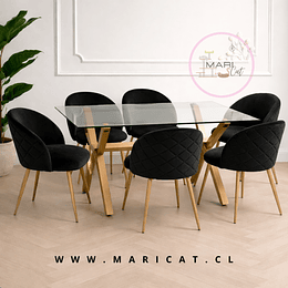 Mesa Rectangular Chile Crossback Madrid + 6 Silla Tokio Velvet Wood Negro