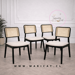 Pack de 4 Silla Verona de Comedor Madera Negra con Ratán y Asiento Beige 