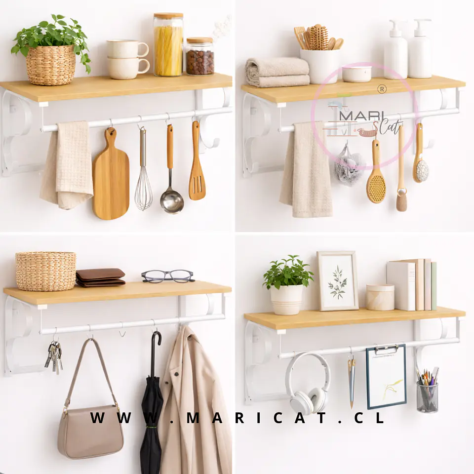 Repisa Perchero Vasaro de Pared con Barra y 5 Ganchos – Estante Industrial MDF y Metal 2