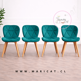 Pack de 4 Silla Mariposa de Velvet con Base de Madera de Haya Verde esmeralda azulado