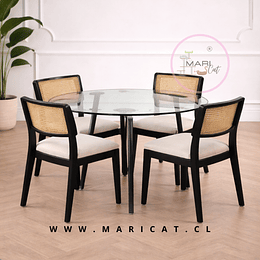 Comedor Mesa Lyon Redondo de Vidrio Black + 4 Sillas Verona Madera Ratán Negra