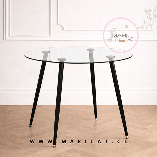Comedor Mesa Lyon Redondo de Vidrio Black + 4 Sillas Verona Madera Ratán Negra