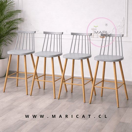 Pack de 4 Taburete Piso de Bar Reims Windsor Polipropileno con Patas Metálicas Efecto Madera – Altura 64 cm Gris 