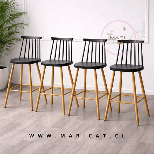 Pack de 4 Taburete Piso de Bar Reims Windsor Polipropileno con Patas Metálicas Efecto Madera – Altura 64 cm Negro