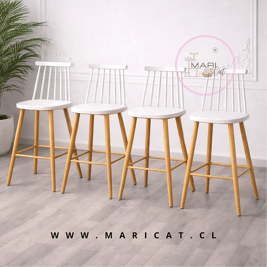 Pack de 4 Taburete Piso de Bar Reims Windsor Polipropileno con Patas Metálicas Efecto Madera – Altura 64 cm Blanco