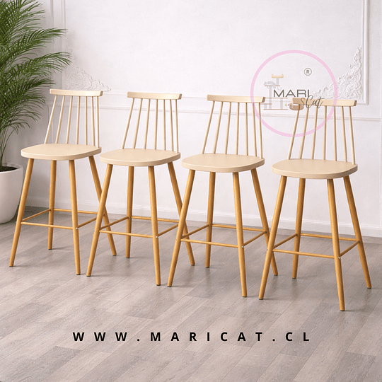 Pack de 4 Taburete Piso de Bar Reims Windsor Polipropileno con Patas Metálicas Efecto Madera – Altura 64 cm Beige