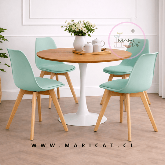 Comedor Mesa Tulip Wood Blanco + 4 Sillas Tulip Verde Menta con Cojín