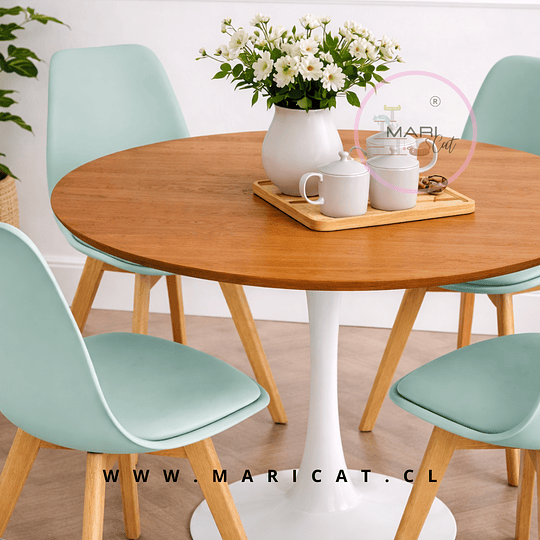 Comedor Mesa Tulip Wood Blanco + 4 Sillas Tulip Verde Menta con Cojín