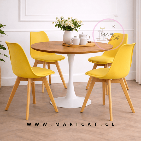 Comedor Mesa Tulip Wood Blanco + 4 Sillas Tulip Amarillo con Cojín