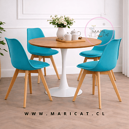 Comedor Mesa Tulip Wood Blanco + 4 Sillas Turquesa con Cojín