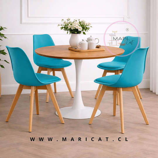Comedor Mesa Tulip Wood Blanco + 4 Sillas Turquesa con Cojín