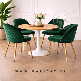 Comedor Tulip Wood Blanco MDF + 4 Sillas Tokio Velvet Verde