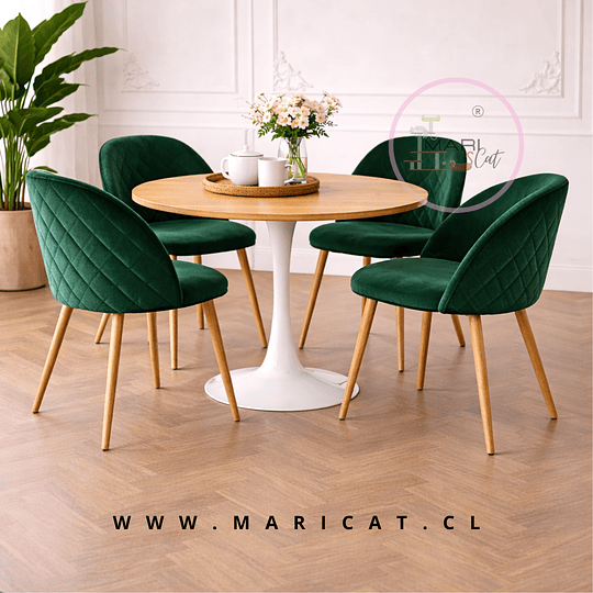 Comedor Tulip Wood Blanco MDF + 4 Sillas Tokio Velvet Verde