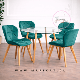 Mesa Redonda Vidrio Lyon Metal Wood + Silla Mariposa Tulip velvet Verde esmeralda azulado