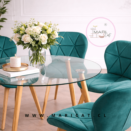 Mesa Redonda Vidrio Lyon Metal Wood + Silla Mariposa Tulip velvet Verde esmeralda azulado