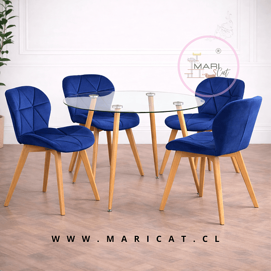 Mesa Redonda Vidrio Lyon Metal Wood + Silla Mariposa Tulip velvet Azul