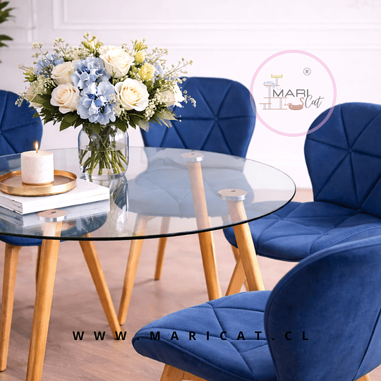 Mesa Redonda Vidrio Lyon Metal Wood + Silla Mariposa Tulip velvet Azul