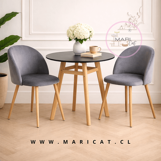 Comedor Mesa Nordic 80 cm MDF Negro + 2 Sillas Nórdica Bread Gris 
