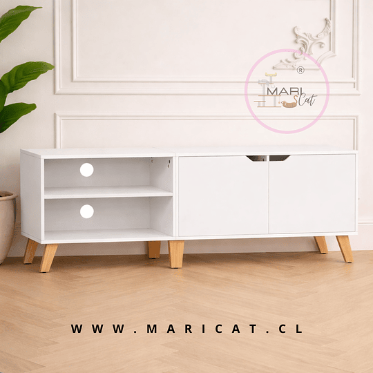 Rack TV Blanco Bakken 140 cm MDF con Patas de Madera Natural