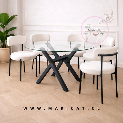 Comedor Mesa Cross Bursa 120 cm Vidrio Patas Negras + 5 Sillas Teddy Bouclé Beige