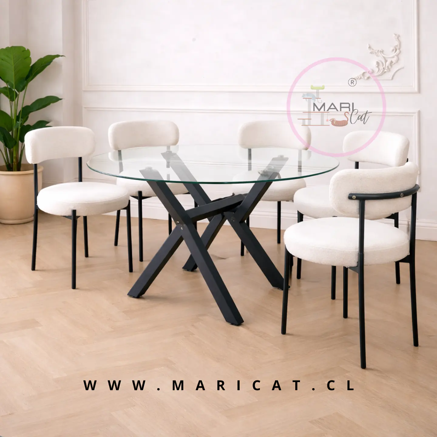 Comedor Mesa Cross Bursa 120 cm Vidrio Patas Negras + 5 Sillas Teddy Bouclé Beige 1