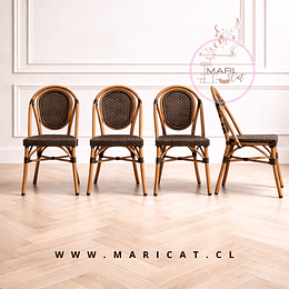 Pack de 4 Silla Paris de Exterior Estilo Francés Ratán Sintético Café y Metal Dorado
