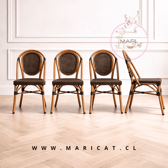 Pack de 4 Silla Paris de Exterior Estilo Francés Ratán Sintético Café y Metal Dorado