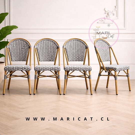 Pack 4 Silla Bistro de Exterior Ratán Sintético Gris y Blanco con Estructura de Metal Paris