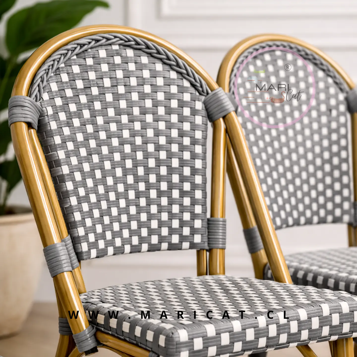 Silla Bistro de Exterior Rattan Sintético Gris y Blanco 3