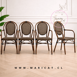 Pack 4 Silla Provence Parisina de Rattan con Reposabrazos para Exterior con Estructura de Aluminio – Café Oscuro