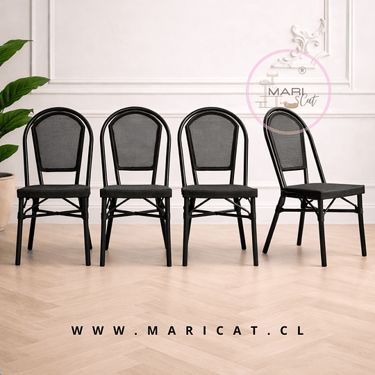 Pack de 4 Silla Bistro Parisina Textileno Negro con Estructura de Aluminio