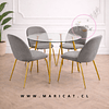 Comedor Lyon Redondo de Vidrio 100 cm + 4 Sillas Paris Velvet Gris con Patas Gold