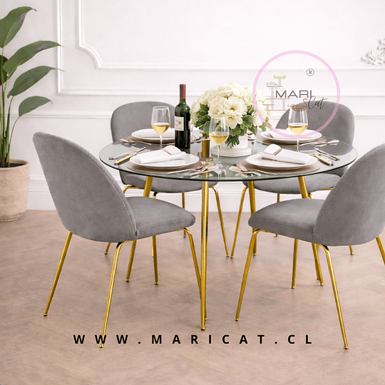 Comedor Lyon Redondo de Vidrio 100 cm + 4 Sillas Paris Velvet Gris con Patas Gold